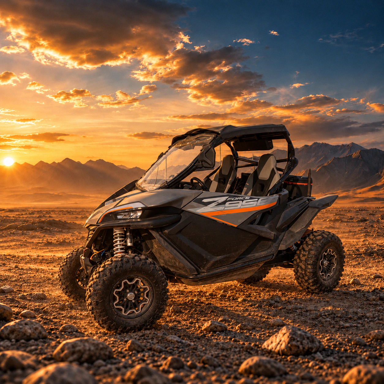 CF MOTO ZFORCE 950 buggy on rocky ground at sunset