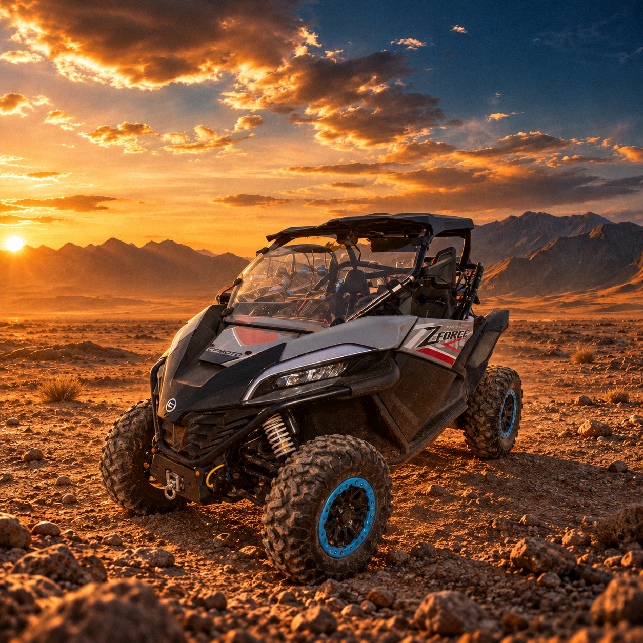CF MOTO ZFORCE 950 buggy on rocky ground at sunset