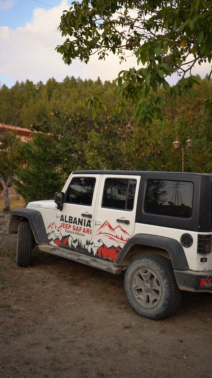 White Wrangler in the Albania Jeep Safari livery parked under the trees
