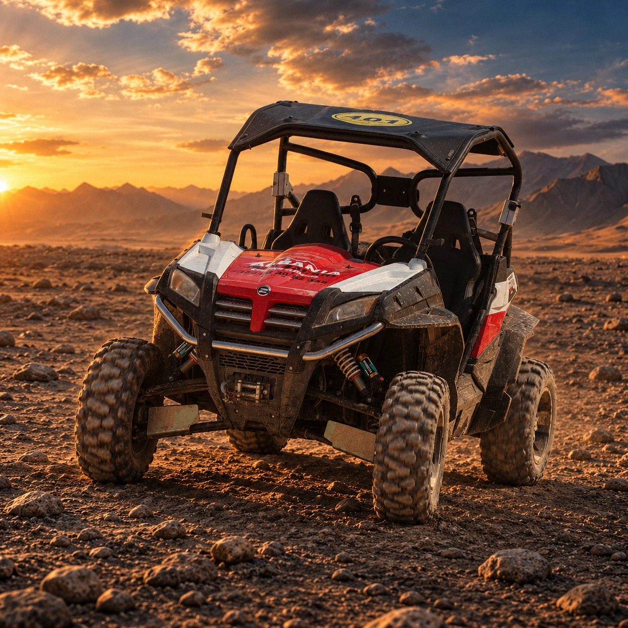 CF Moto 950 two-seat buggy on a rocky plain at sunset