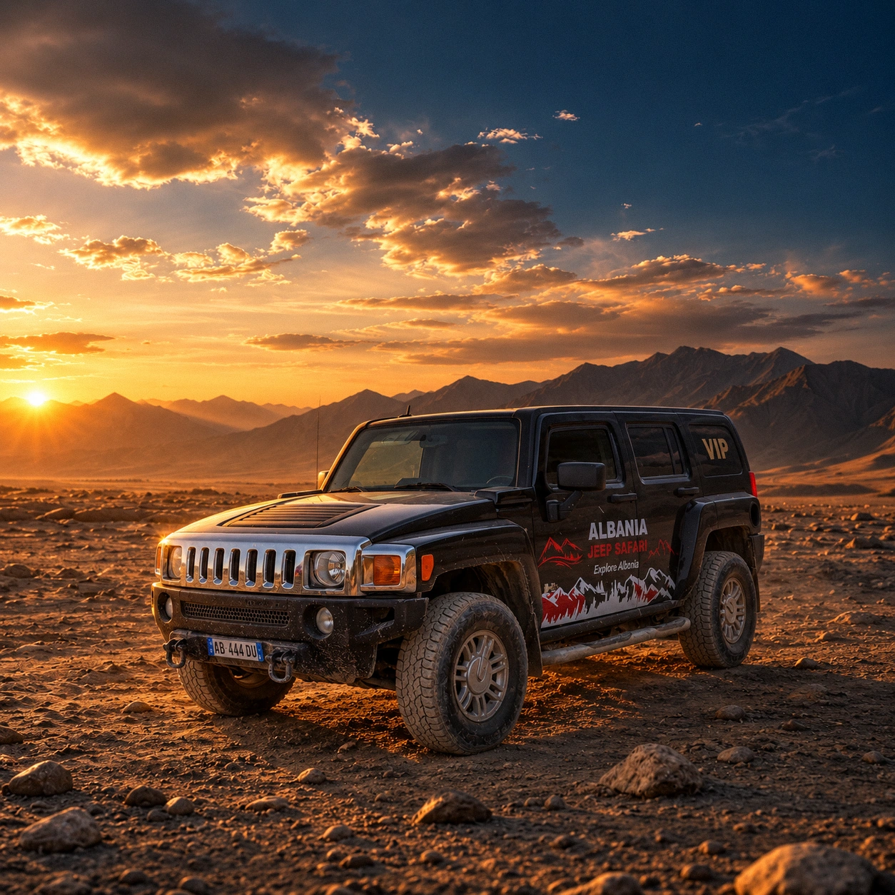 Black Hummer H3 VIP in Albania Jeep Safari livery on a rocky plain at sunset
