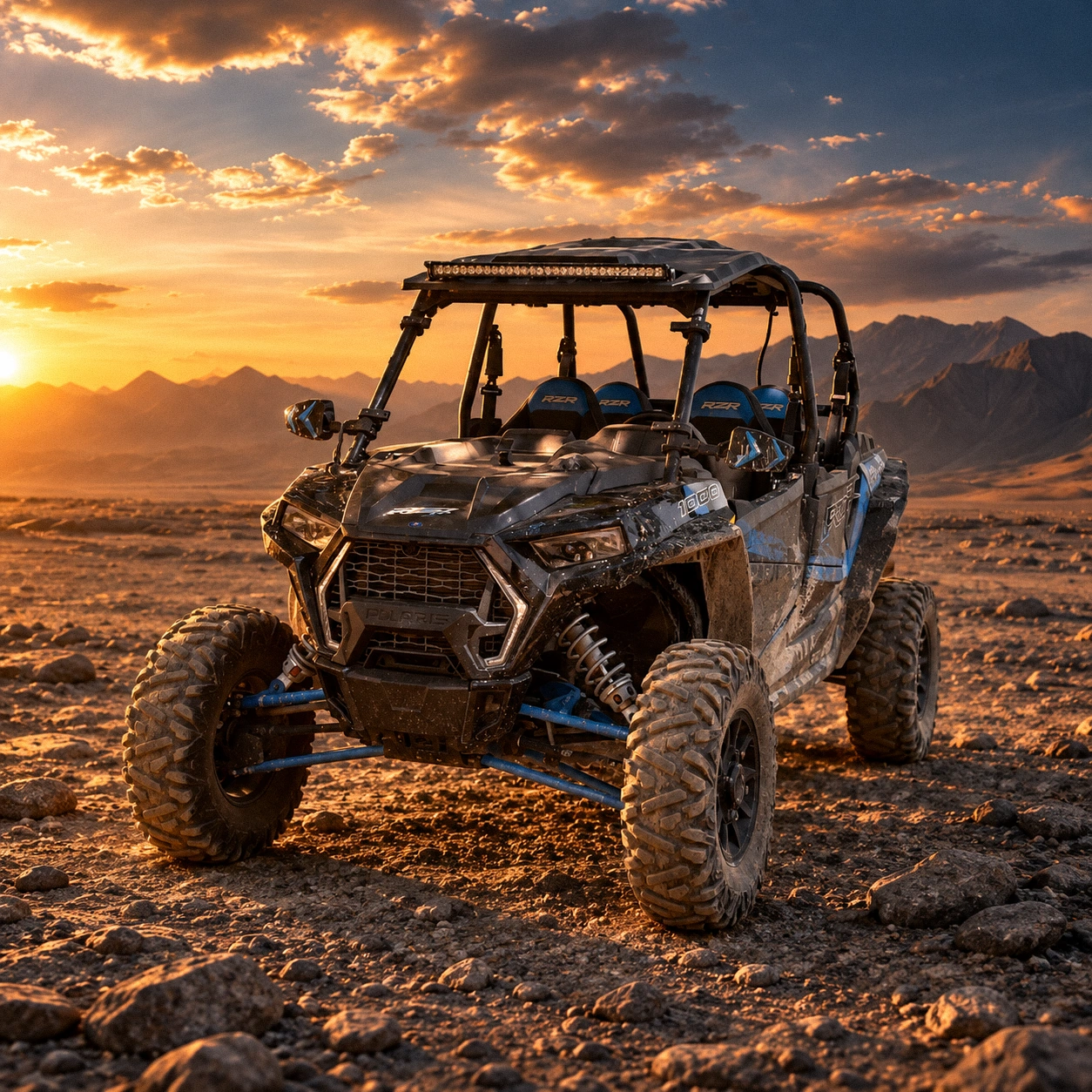 Polaris RZR 1000 four-seat buggy on a rocky plain at sunset