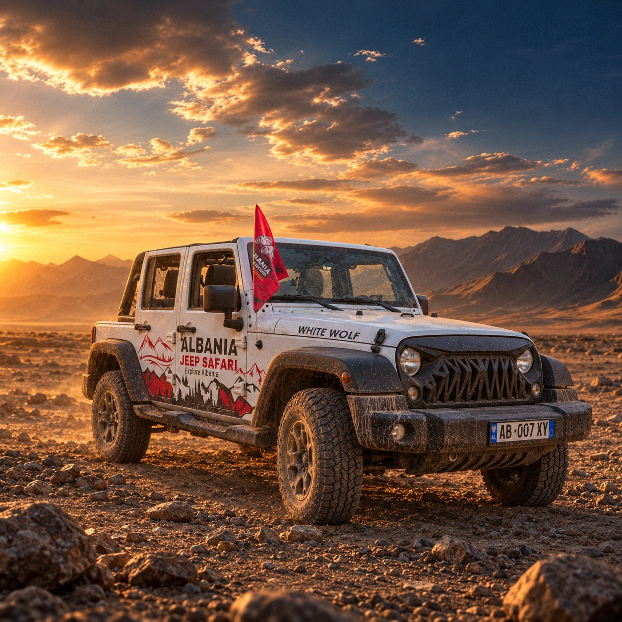 White Wolf, a white Jeep Wrangler in Albania Jeep Safari livery, on a rocky plain at sunset